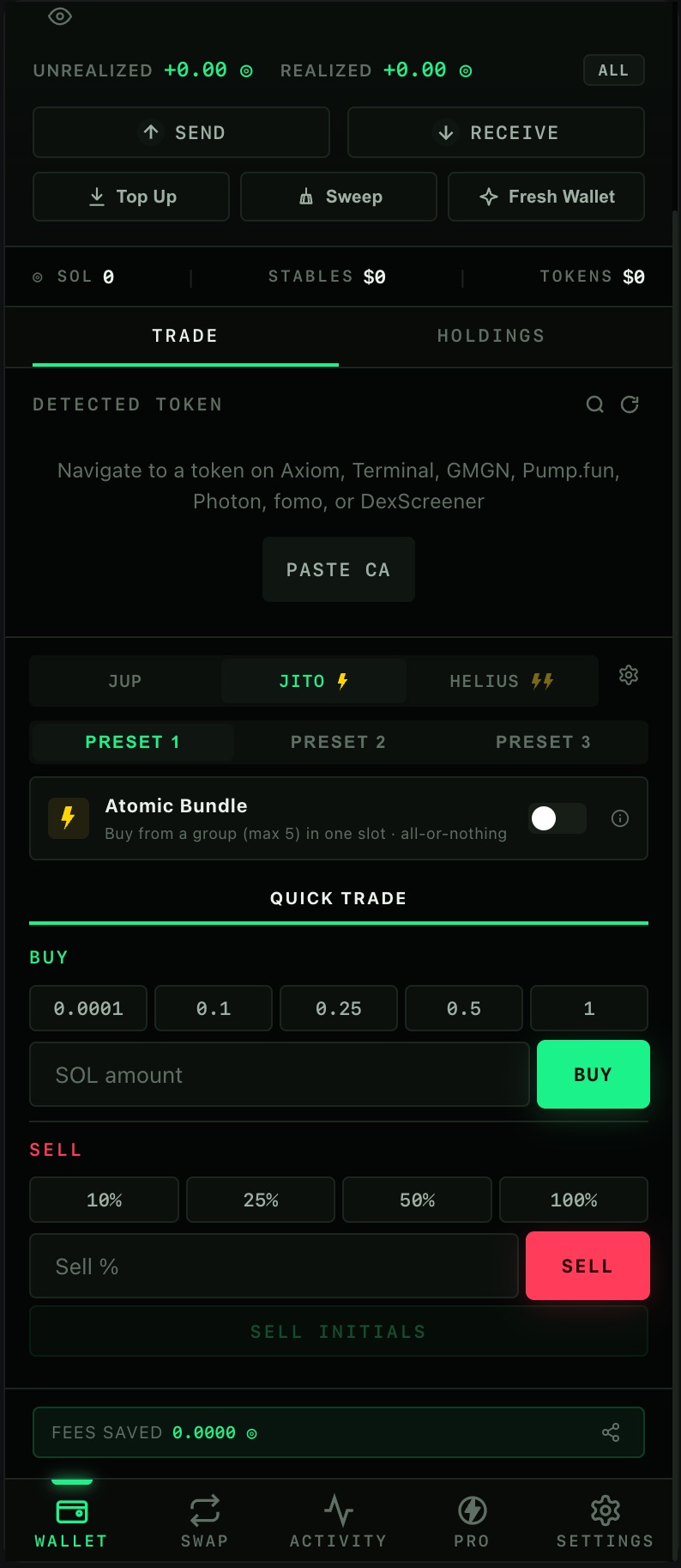 Swarm wallet Trade tab in JITO mode: JUP, JITO and HELIUS engines, three presets, the Atomic Bundle toggle, and quick buy and sell buttons