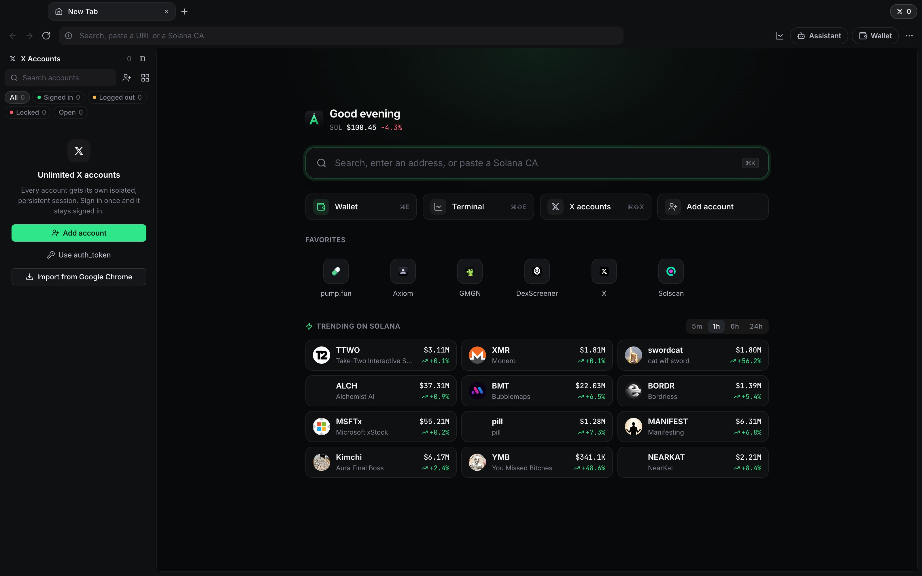 Swarm Browser New Tab: SOL price, search that accepts a Solana CA, quick actions for Wallet, Terminal and X accounts, favorites and trending Solana tokens