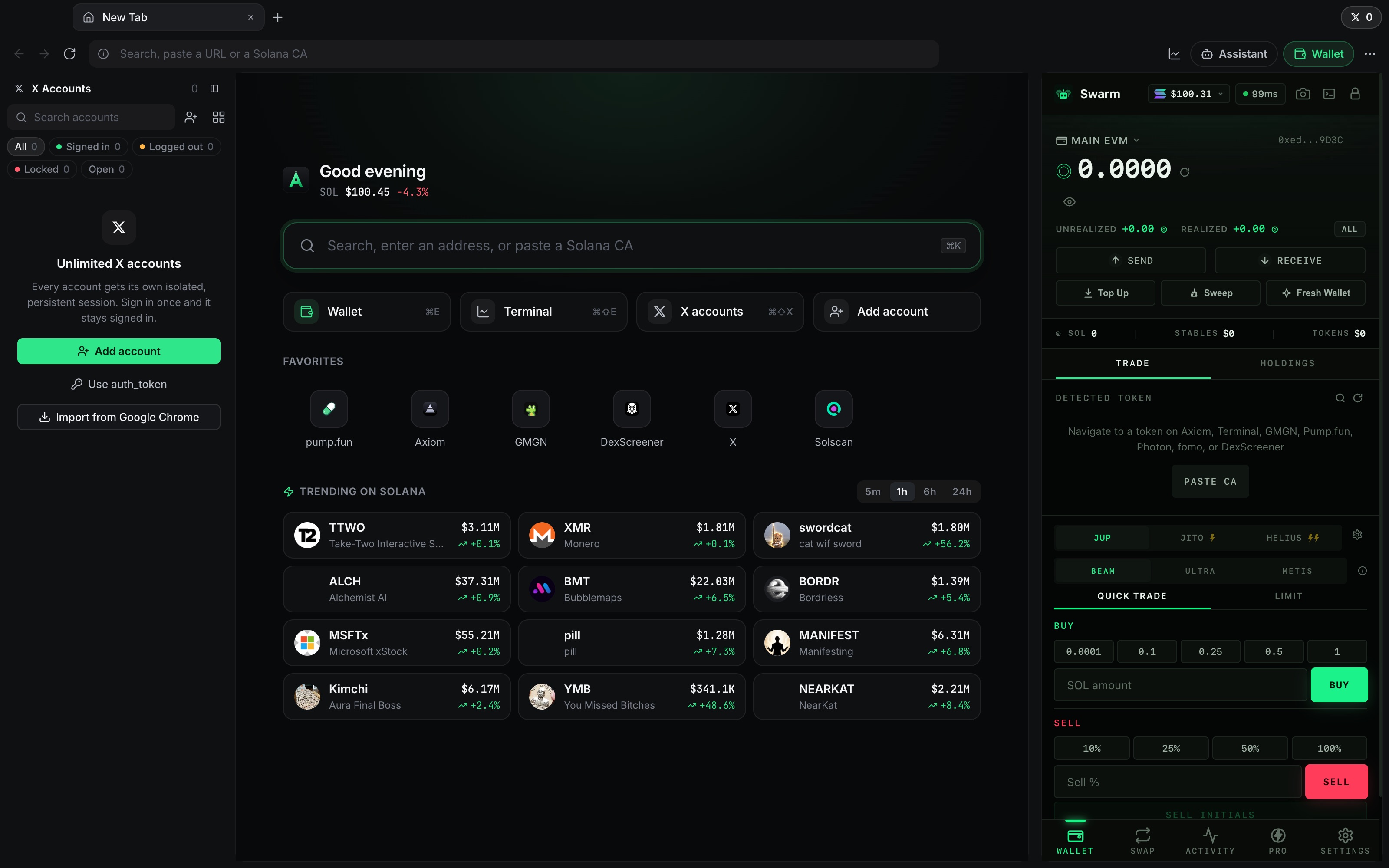 Swarm Browser New Tab with the X accounts sidebar on the left, trending Solana tokens in the middle and the Swarm wallet docked on the right showing JUP, JITO and HELIUS engines with quick buy and sell